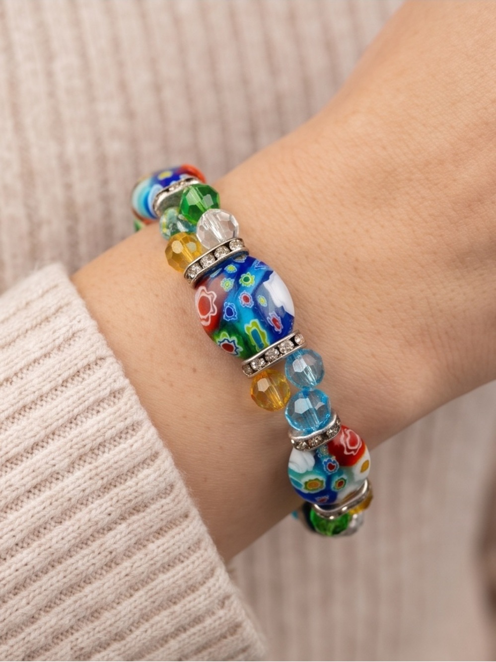 Murano Style Millefiori Glass and Crystal Bead Stretch Bracelet